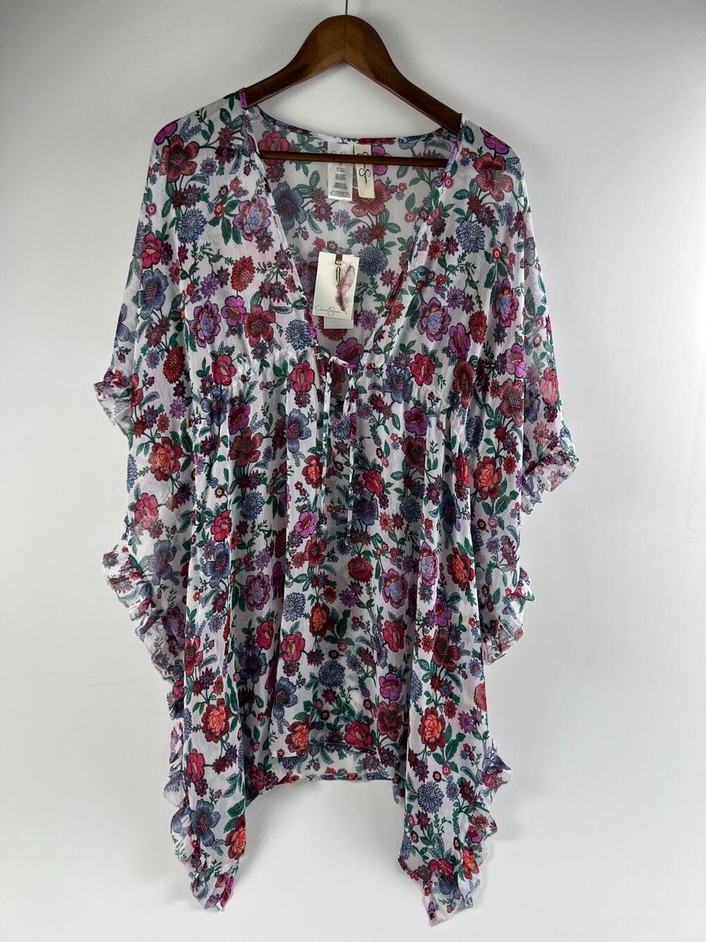 Jessica Simson Deep V Neck Tiered Flutter Floral Swim Cover Up Multicolor S NWT